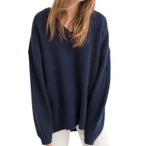 & Other Stories Navy Blue V-Neck Oversized Wool Blend Side Slit Sweater Size XS
